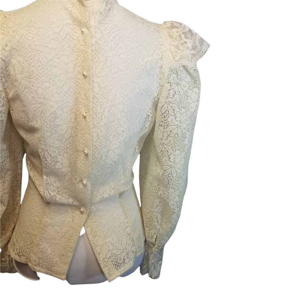Vtg 70s does victorian ivory lace sheer ruffle puffy sleeve button back blouse - Picture 7 of 12
